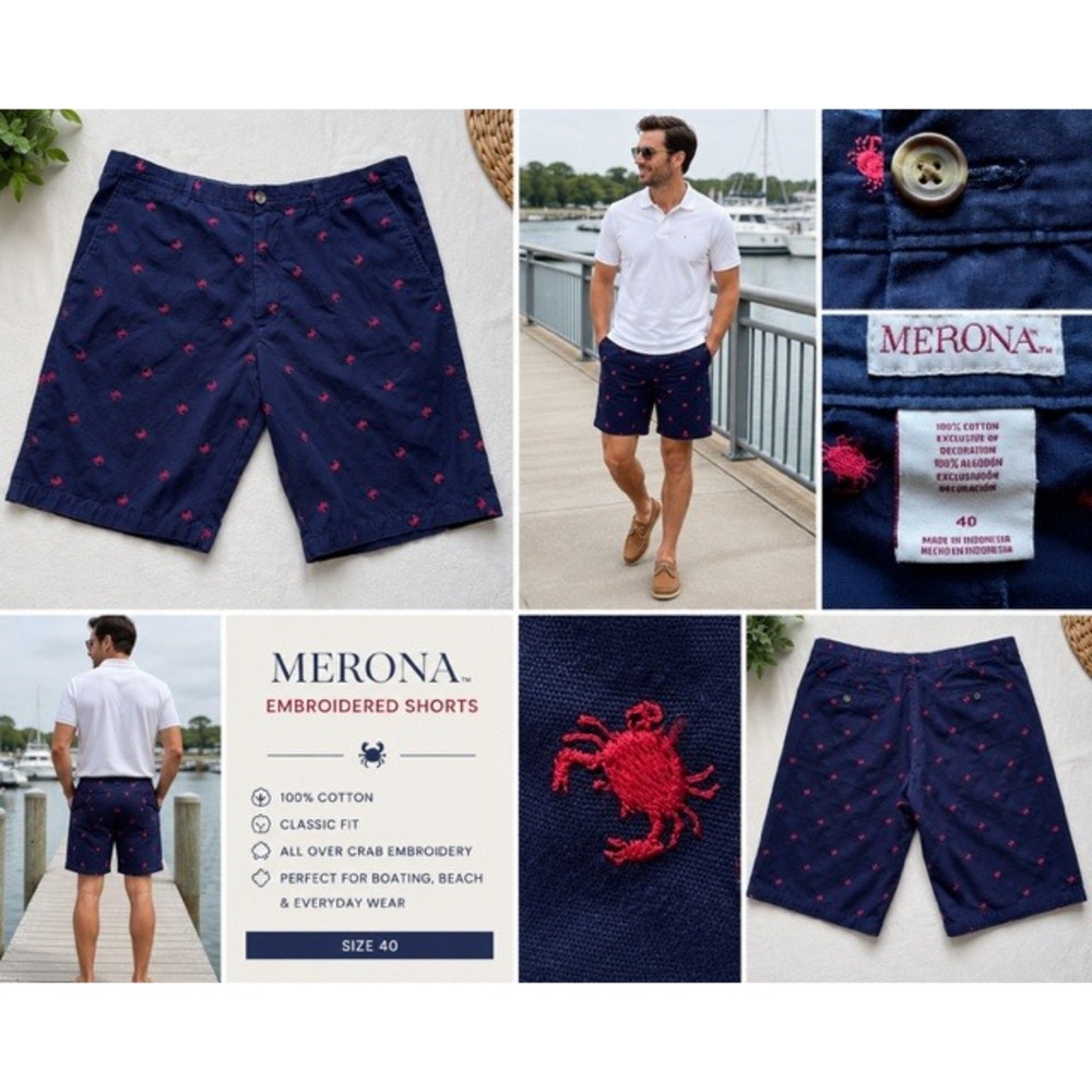 Merona Mens Navy Blue Red Crab Embroidered Shorts Size 40 Cotton preppy Nautical